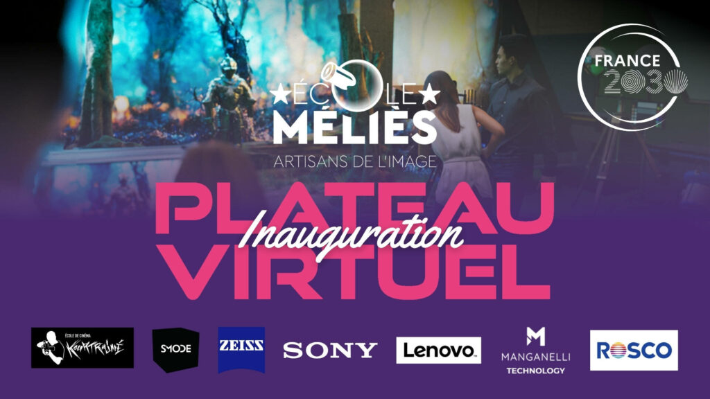 Visuel d’annonce de l’inauguration du plateau virtuel de l’École Méliès, portant les logos de Sony, ZEISS, Lenovo, Rosco, Smode, Manganelli Technology, Kourtrajmé et France 2030